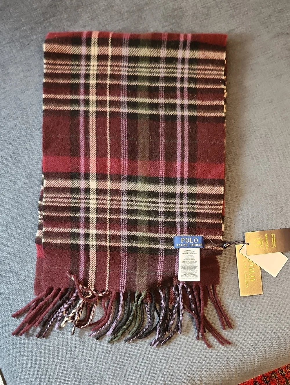 Polo by Ralph Lauren Burgundy, Green & Purple Plaid Wool Fringe Scarf